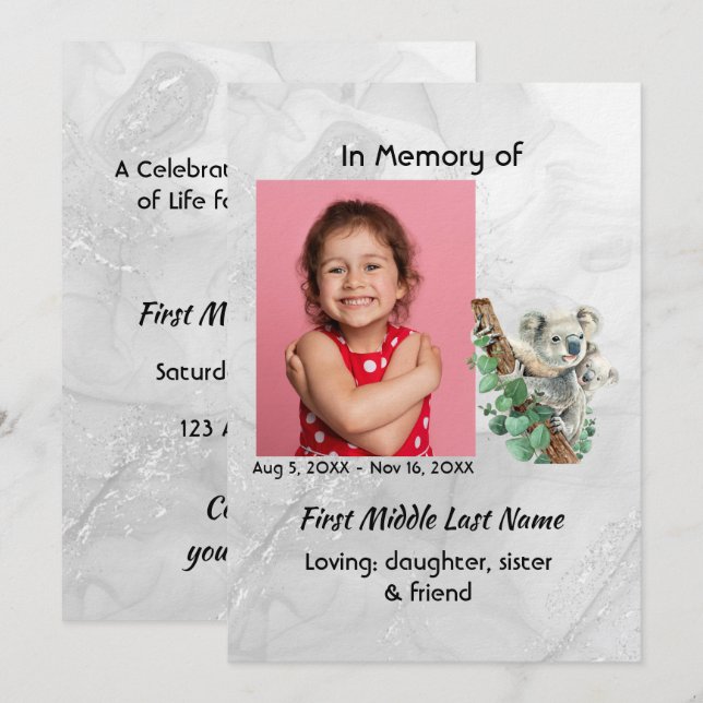 Celebration of Life Service Cute Koala Bear Kids Invitation (Front/Back)
