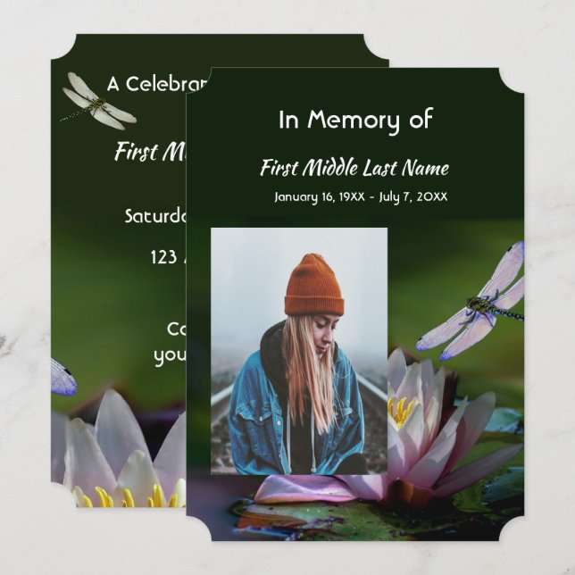 Celebration of Life Service Dragonfly Lotus Flower Invitation (Front/Back)