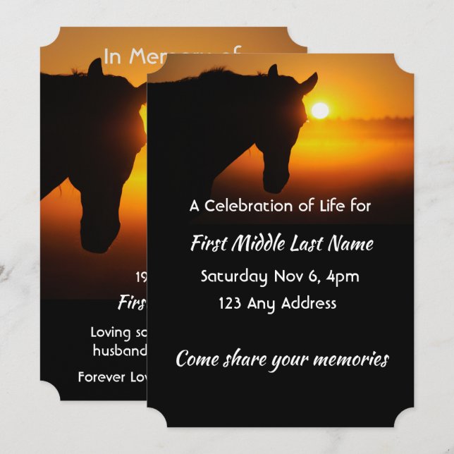 Celebration of Life Service  Horse Silhouette Invitation (Front/Back)