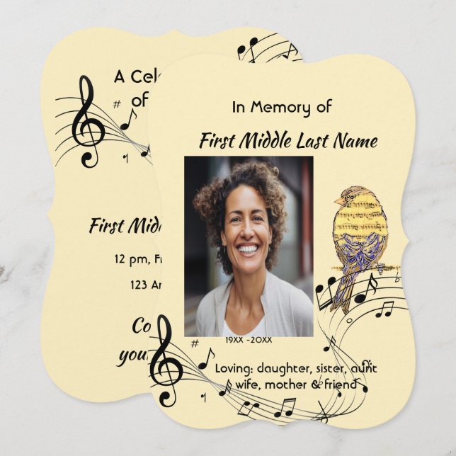 Celebration of Life Service Invite Music Bird (Front/Back)
