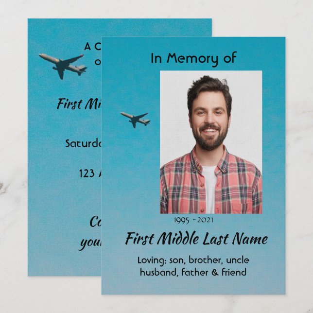 Celebration of Life Service Pilot Airplane Flying Invitation (Front/Back)