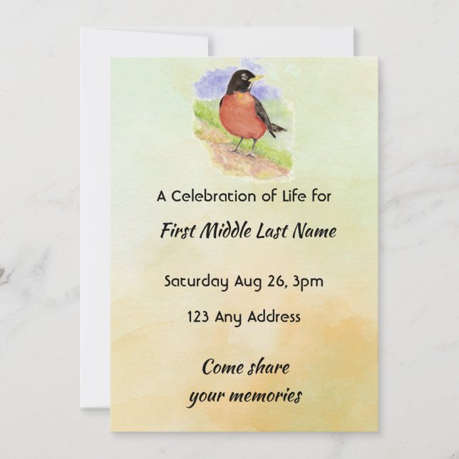 Celebration of Life Service  Robin Garden Bird Invitation (Front)