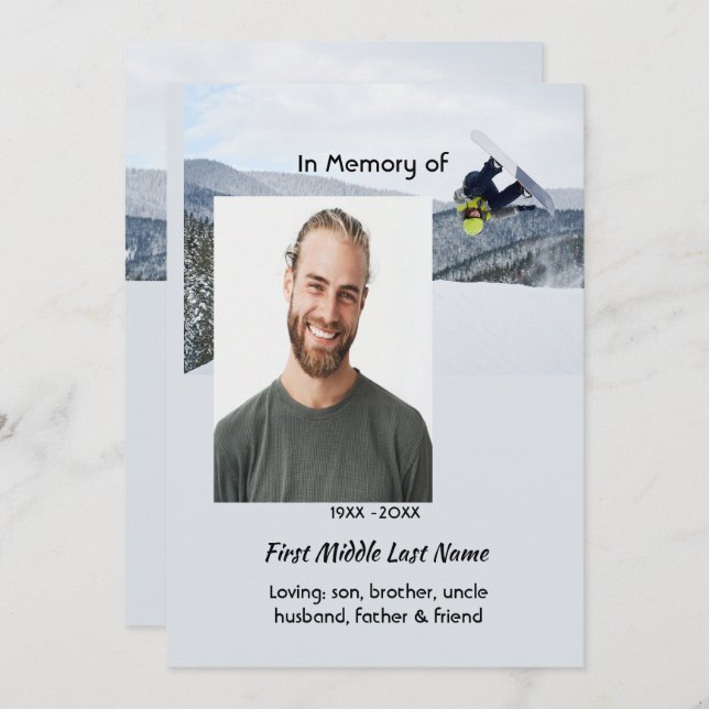 Celebration of Life Service  Snowboarding Winter Invitation (Front/Back)
