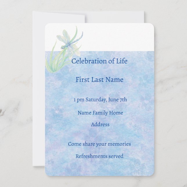Celebration of Life Service  Watercolor Dragonfly Invitation (Back)