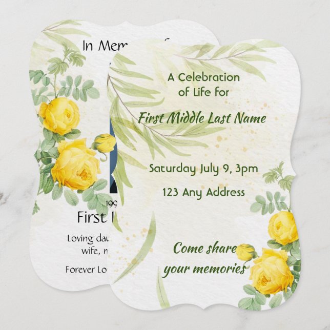Celebration of Life Service Yellow Roses Flowers Invitation (Front/Back)