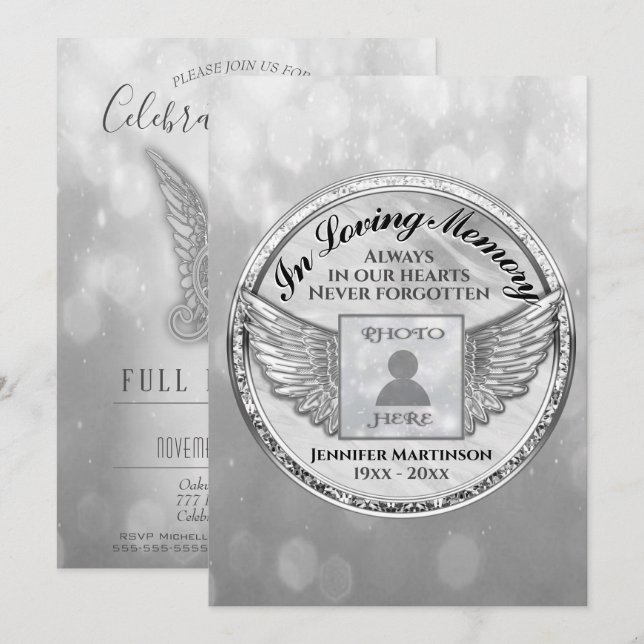 Celebration of Life - Silver Memorial Invitation (Front/Back)