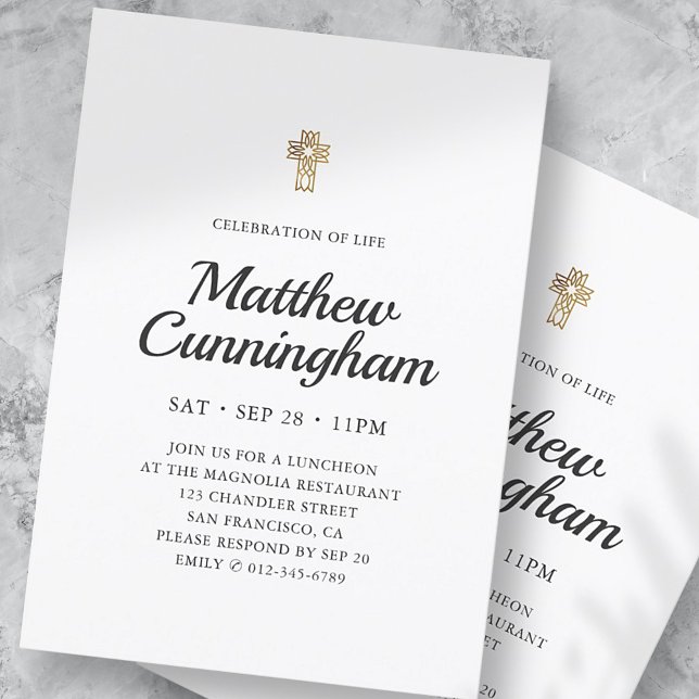 Celebration of Life Simple Faux Gold Cross Invitation (Creator Uploaded)