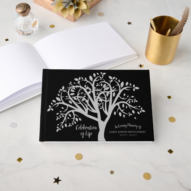 Celebration of Life Tree Modern Silver Script Guest Book (Front Open)