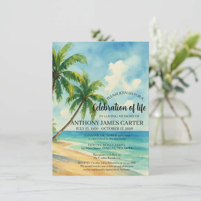 Celebration of Life Tropical Beach Funeral  Invitation (Standing Front)