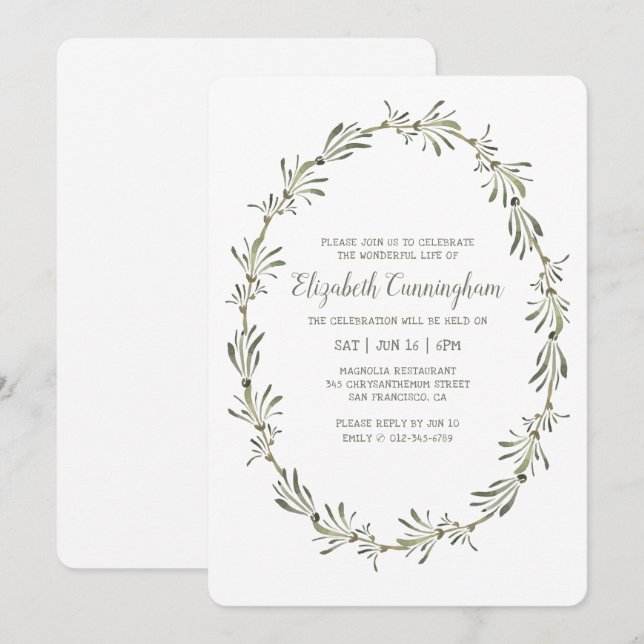 Celebration of Life Watercolor Foliage Cross Invitation (Front/Back)