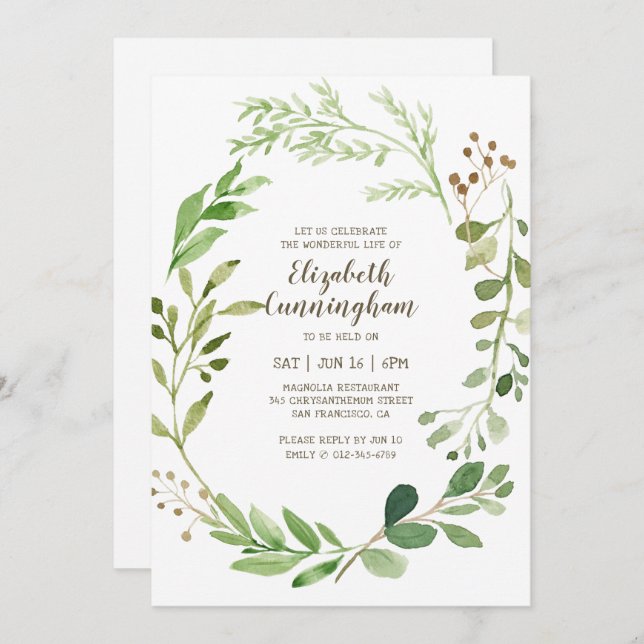Celebration of Life Watercolor Green Foliage Invitation (Front/Back)