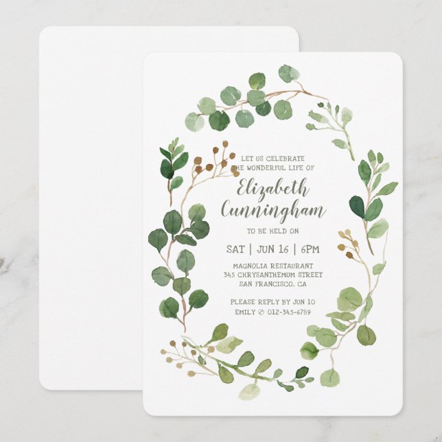 Celebration of Life Watercolor Greenery Foliage Invitation (Front/Back)