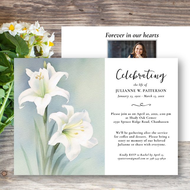 Celebration of Life Watercolor Lily Flower Funeral Invitation (Creator Uploaded)