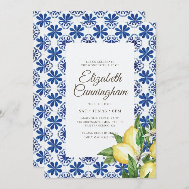 Celebration of Life Watercolor Mediterranean Tiles Invitation (Front/Back)