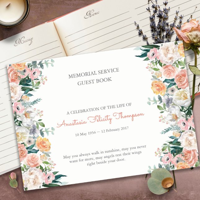 Celebration of Life Watercolor Roses Funeral  Guest Book (funeral guest books, sympathy, celebration of life, in loving memory, memorial service, remembrance,)