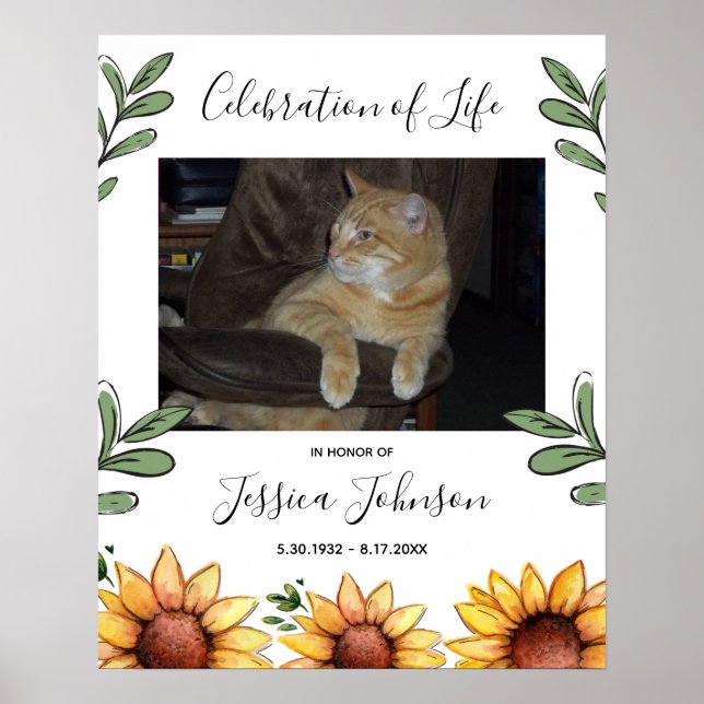 Celebration of Life Watercolor Sunflower One Photo Poster (Front)