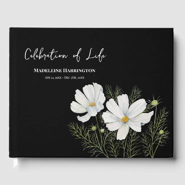 Celebration of Life White Cosmos Flowers Painting Guest Book (Front)