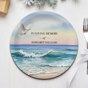 Celebration Of Life White Dove on Beach Paper Plate