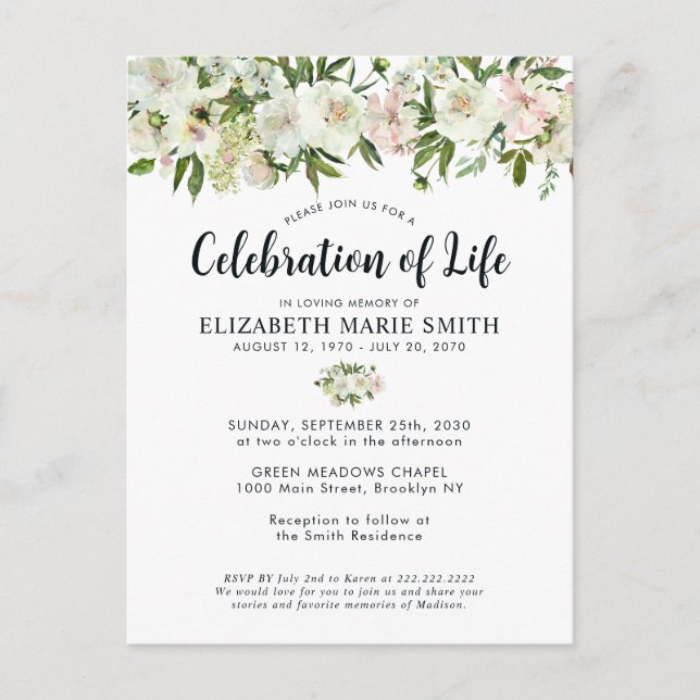 Celebration of Life White Floral Funeral Memorial Postcard (Front)