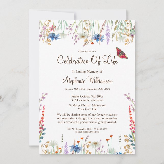Celebration of Life Wildflower & Butterfly Invitation (Front)