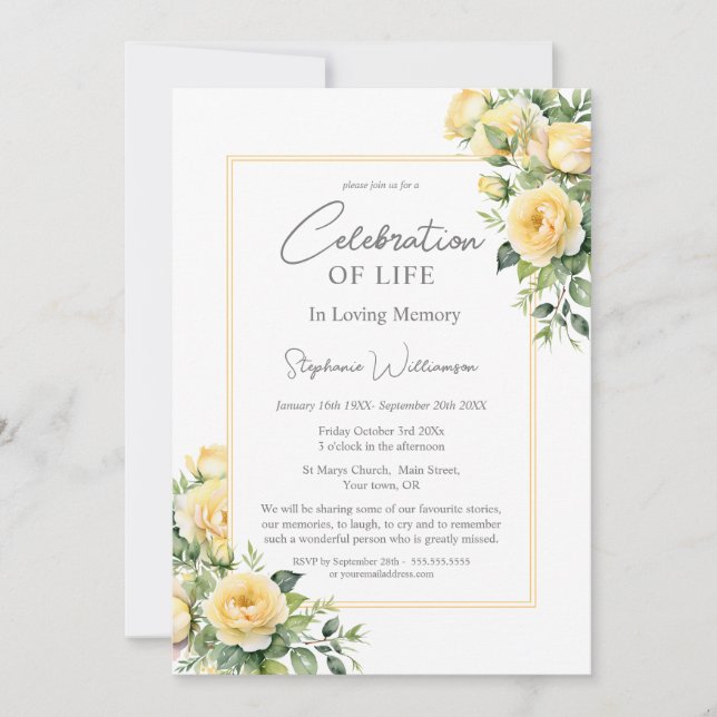 Celebration of Life Yellow Roses Invitation (Front)