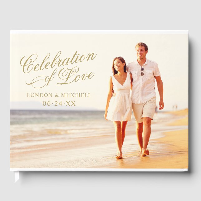 Celebration of Love Elegant Gold Wedding Photo Guest Book (Front)