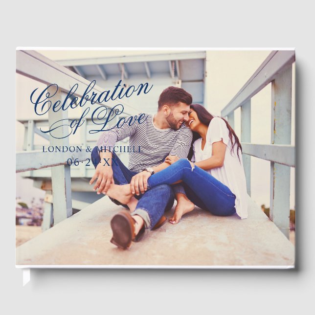 Celebration of Love Navy Blue Wedding Photo Guest Book (Front)