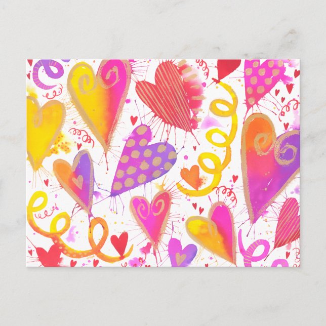 Celebration Of Love Watercolor Hearts Postcard (Front)