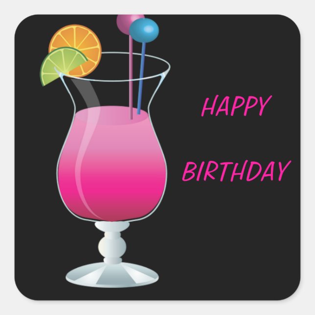 Celebration Pink Cocktail Happy Birthday Square Sticker (Front)