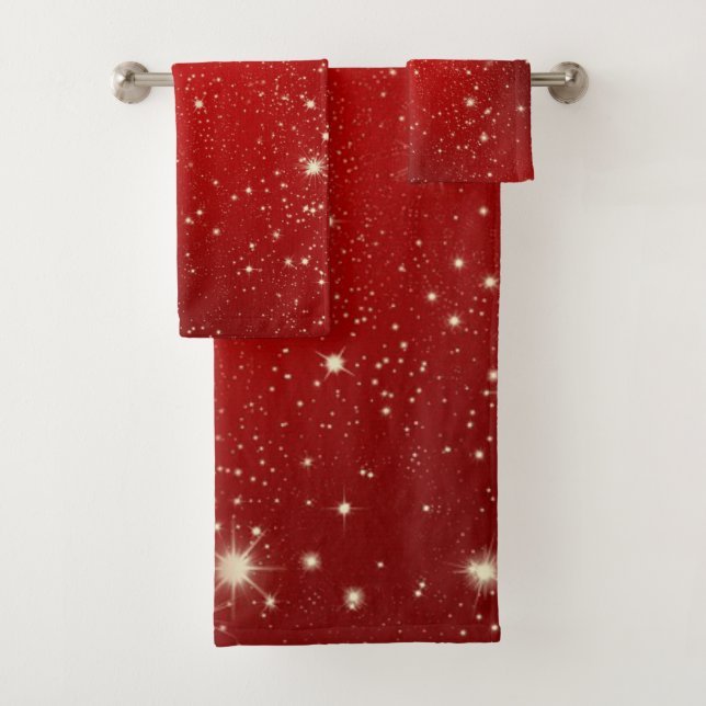 Celebration red bath towel set (Insitu)