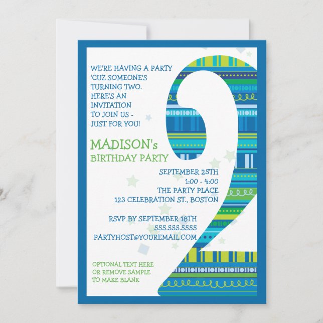 Celebration Stripes Number 2 Second Birthday Party Invitation (Front)