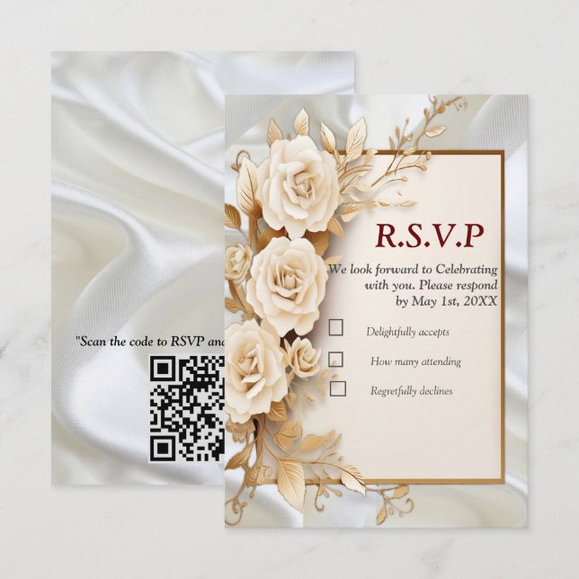 Celebrations with White Flowers and Pearls on Silk RSVP Card (Front/Back)