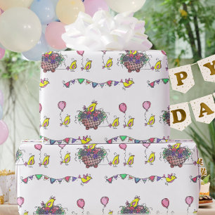 Celebratory Bird Parade Illustration Wrapping Paper