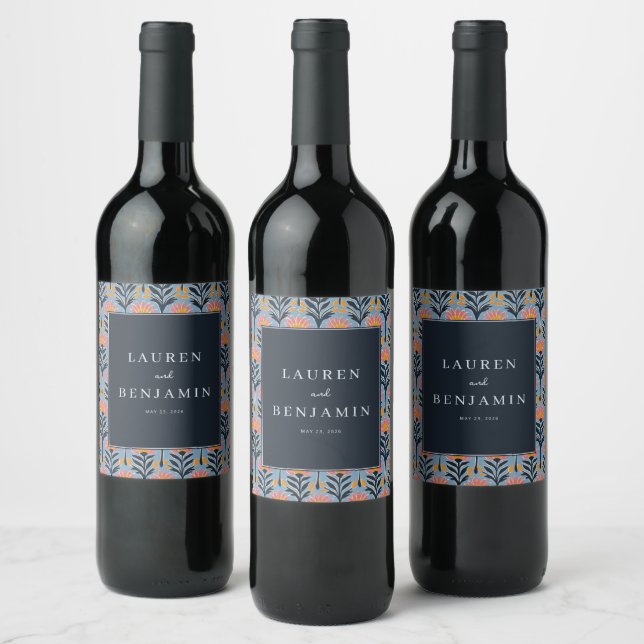 Celebratory Navy Floral Border Wine Label (Bottles)