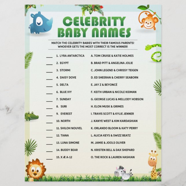 Celebrity Baby Names [Animal Theme] Custom Letterhead (Front)