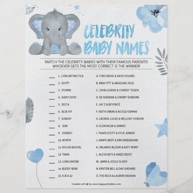 Celebrity Baby Names [Baby Elephant [Blue] Custom Letterhead (Front)