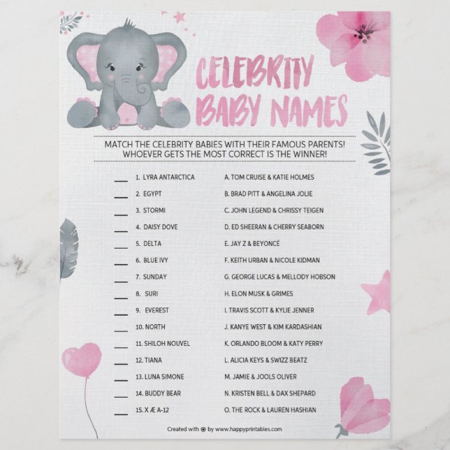 Celebrity Baby Names [Baby Elephant [Pink]] Custom Letterhead (Front)