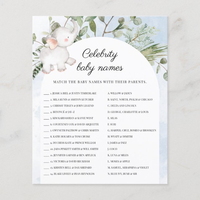 Celebrity Baby Names Boy Blue Baby Shower Game (Front)