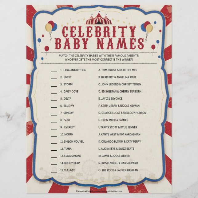 Celebrity Baby Names [Circus Theme] Custom Letterhead (Front)
