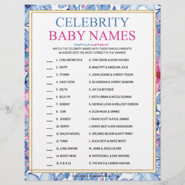 Celebrity Baby Names [Floral Watercolors] Custom Letterhead (Front)