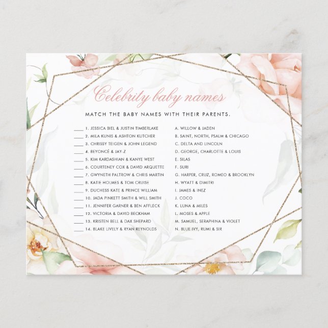 Celebrity Baby Names Girl Floral Baby Shower Game (Front)