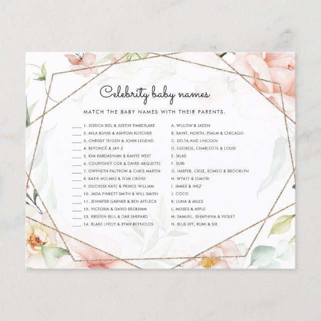 Celebrity Baby Names Girl Floral Baby Shower Game (Front)