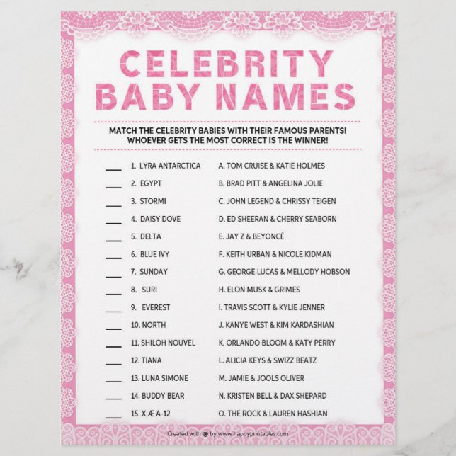 Celebrity Baby Names [Luxury Lace [Pink]] Custom Letterhead (Front)
