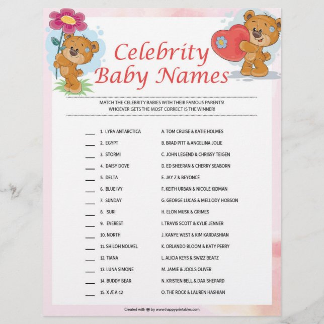 Celebrity Baby Names [Teddy Bears] Custom Letterhead (Front)