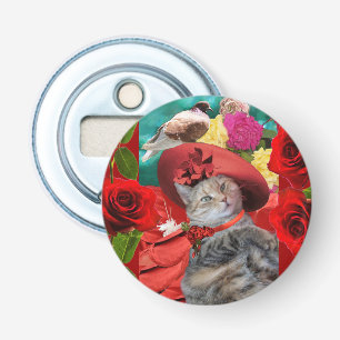 CELEBRITY CAT PRINCESS TATUS, RED HAT WITH PIGEON BOTTLE OPENER
