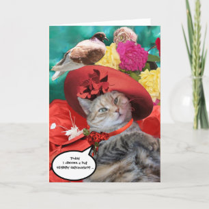 CELEBRITY CAT PRINCESS TATUS, RED HAT WITH PIGEON CARD