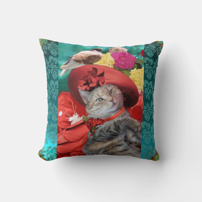 CELEBRITY CAT PRINCESS TATUS, RED HAT WITH PIGEON CUSHION (Front)