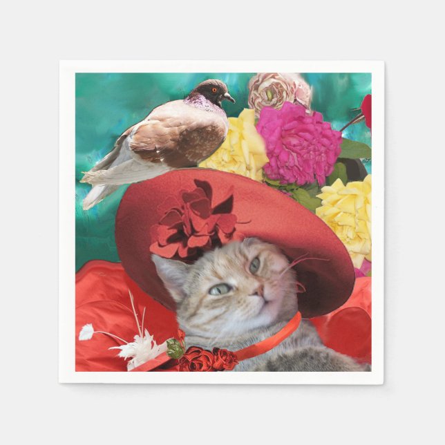 CELEBRITY CAT PRINCESS TATUS, RED HAT WITH PIGEON NAPKIN (Front)
