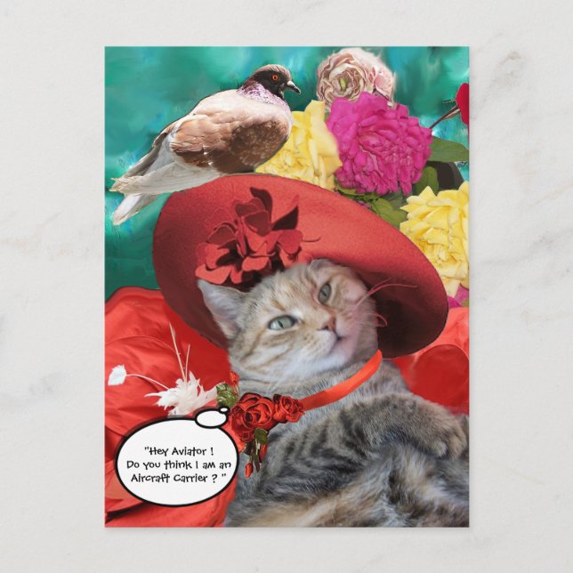 CELEBRITY CAT PRINCESS TATUS, RED HAT WITH PIGEON POSTCARD (Front)