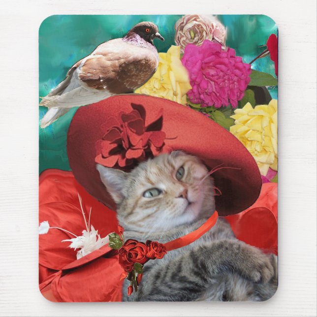 CELEBRITY CAT PRINCESS TATUS WITH RED HAT AND DOVE MOUSE MAT (Front)
